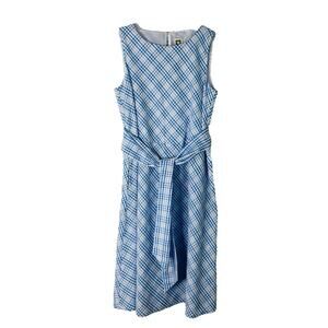 Anne Klein blue white gingham plaid coastal cottagecore tie midi dress 10
